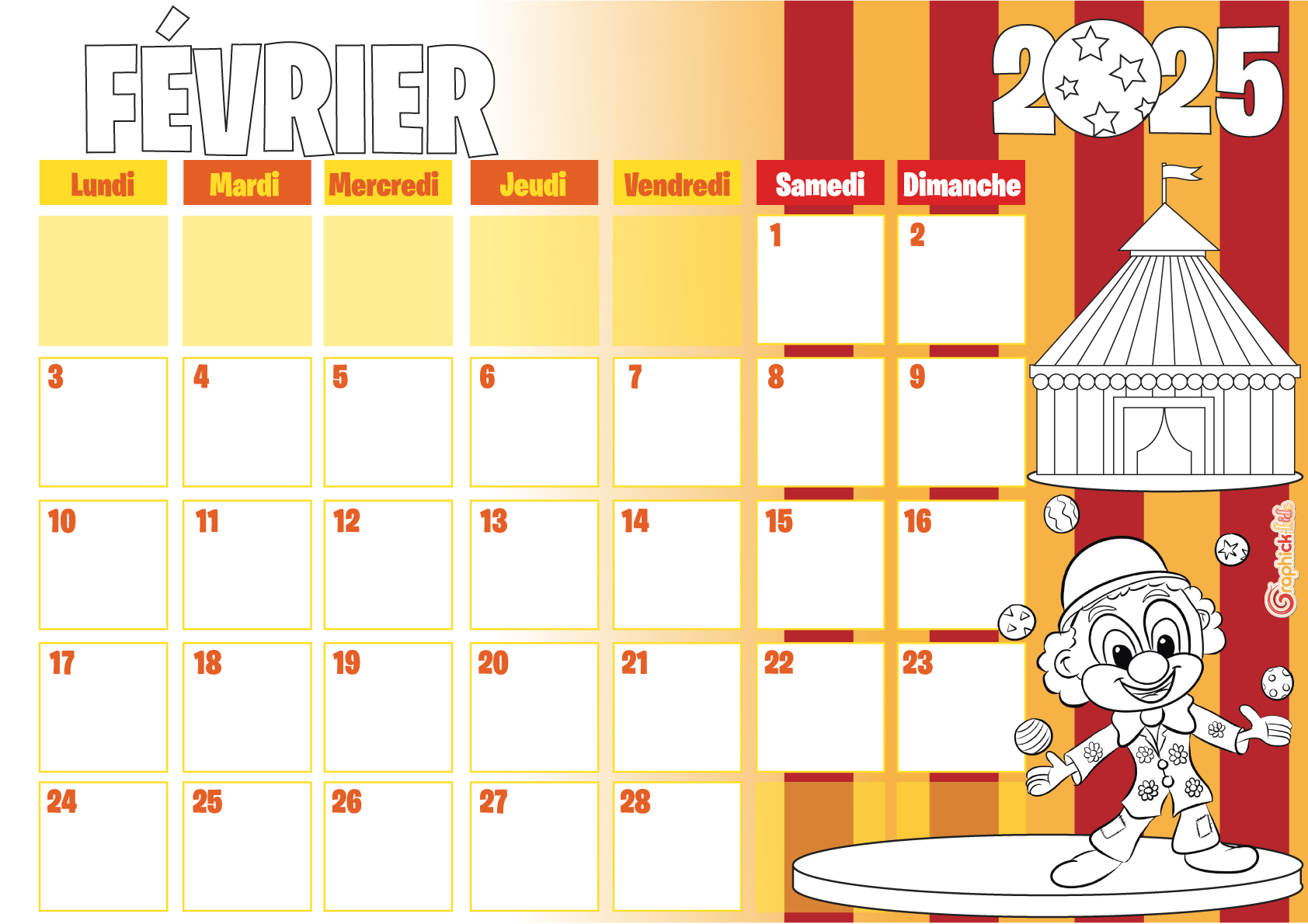 calendrier février à colorier