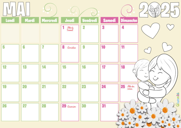 calendrier de mai à colorier