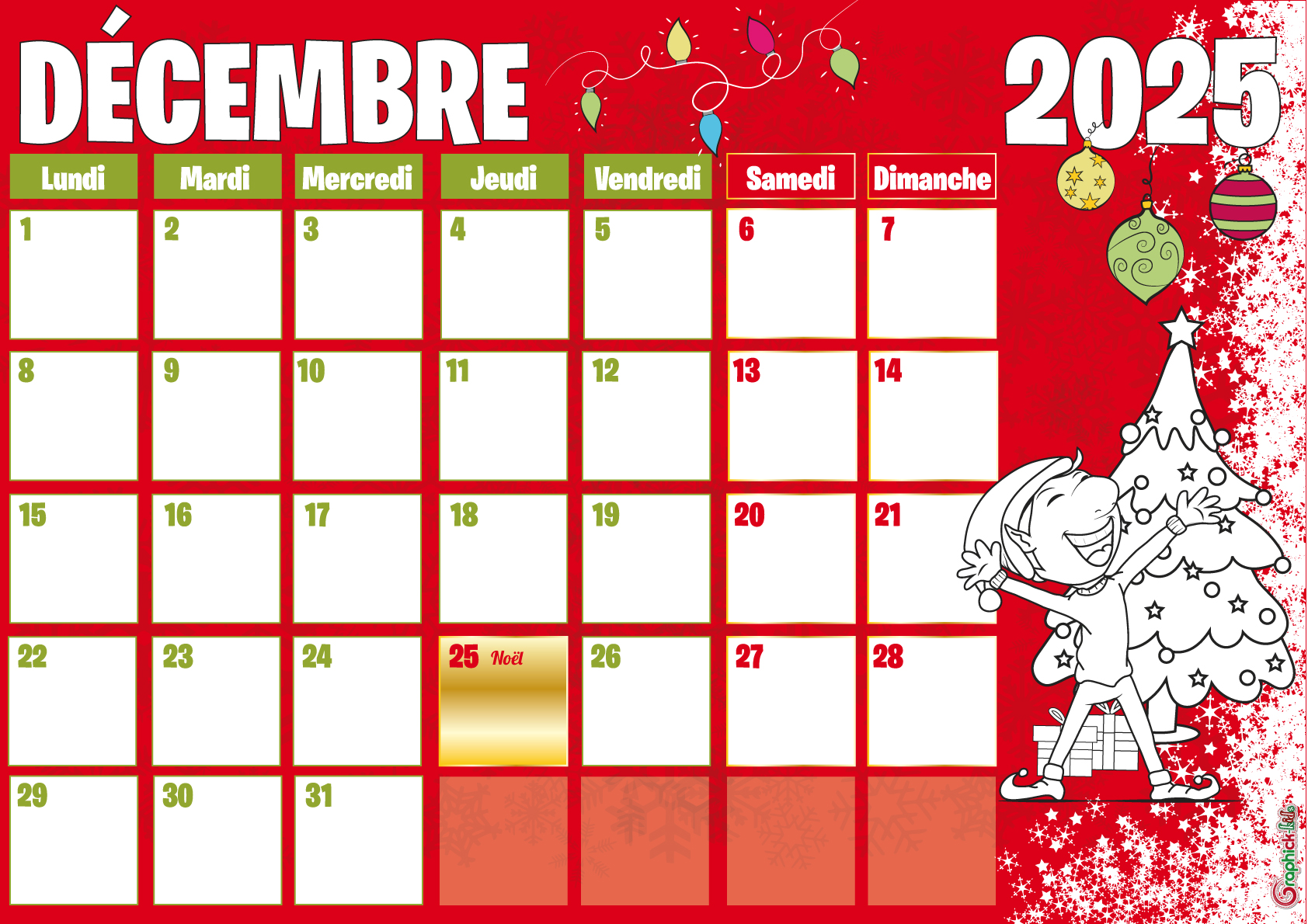calendrier de décembre à colorier